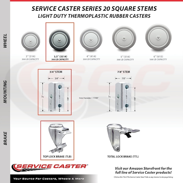 Service Caster 3.5 Inch Thermoplastic Rubber Swivel 3/4 Inch Square Stem Caster Brake SCC, 2PK SCC-SQ20S3514-TPRB-TLB-34-2-S-2 - main